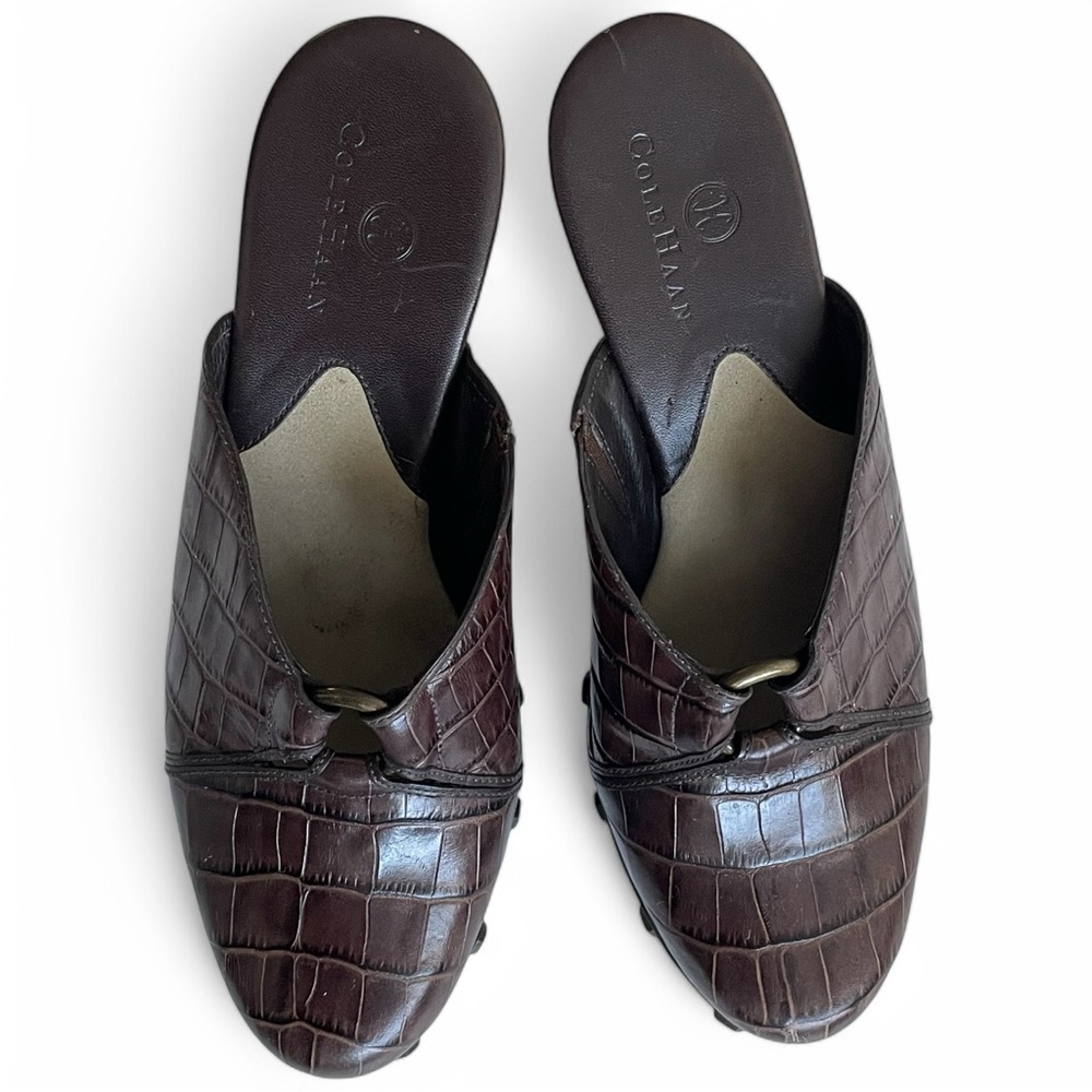 Cole Haan Women's Kenna Brown Croc Leather Platform Heeled Mules Studded Sz: 6 - Picture 3 of 9